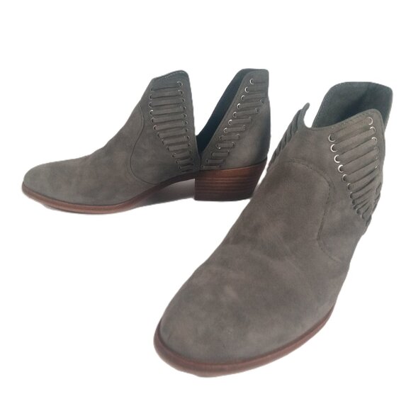 Vince Camuto Pevista Booties Women size 8 Gray Leather Suede Lace Block Heel - Picture 1 of 14